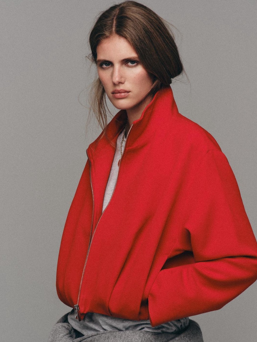Zara Red Stand Up Collar Funnel Neck Bomber Jacket Cropped Zip Pockets NWT L